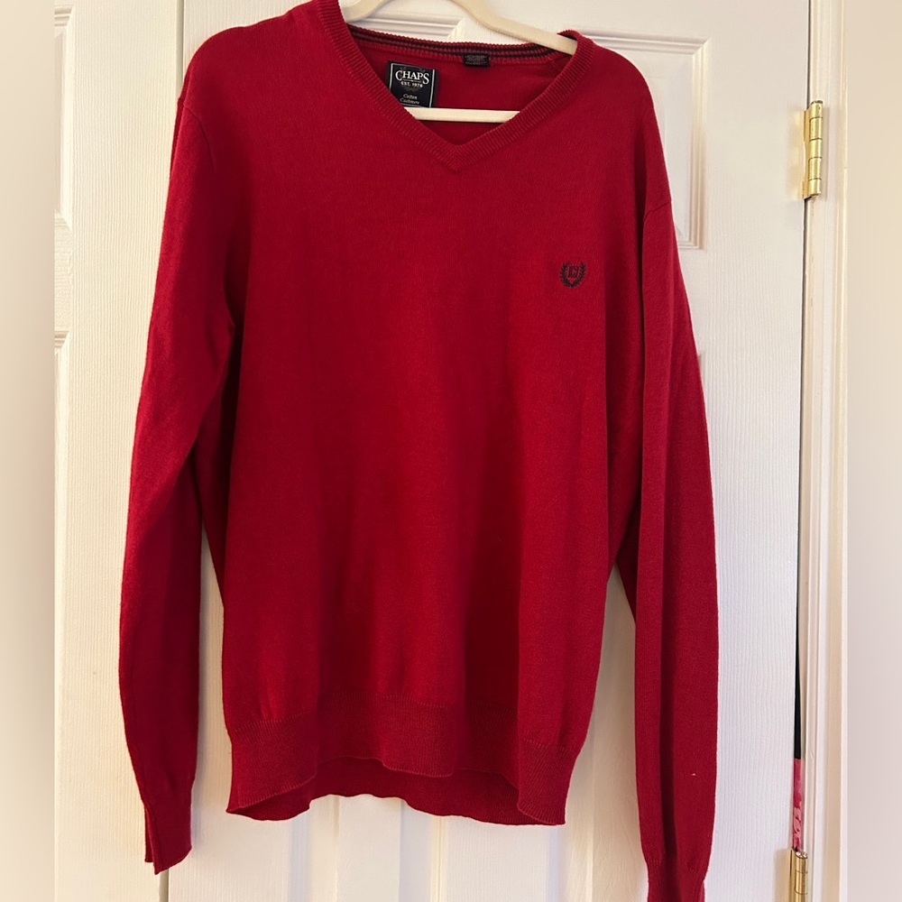 Chaps Men's V-Neck Sweater Size L Red Cotton Cashmere Pullover Crest Logo